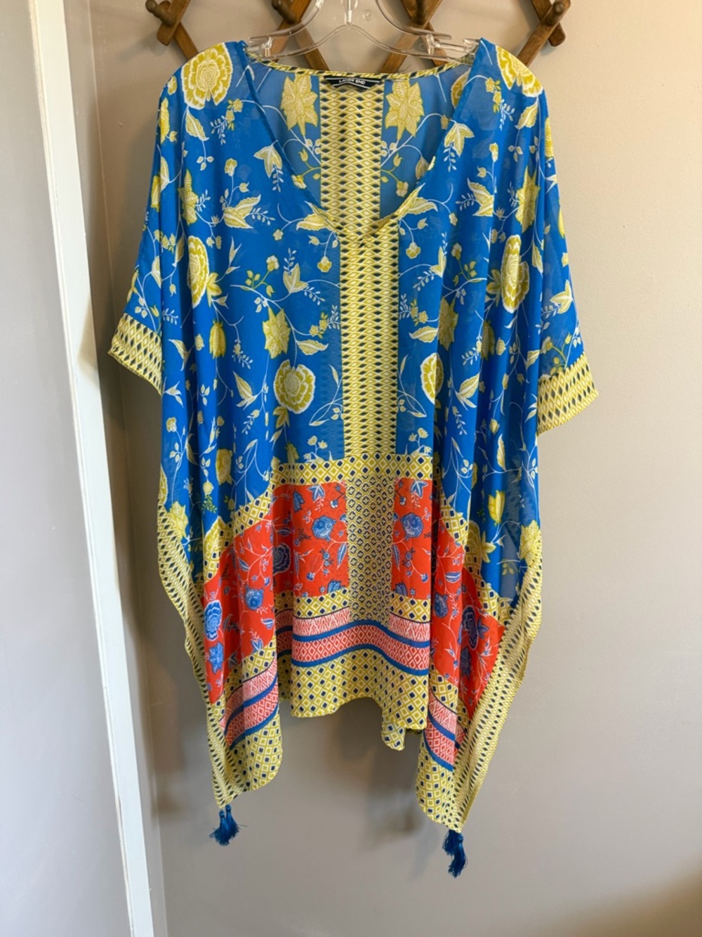 Lands' End Boho Floral Tassel Kaftan Cover Up Blue OS